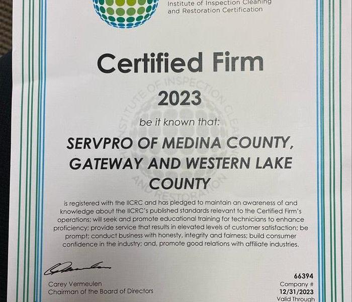 2023 IICRC Certified Firm certificate naming SERVPRO of Medina County, Gateway and Western Lake County