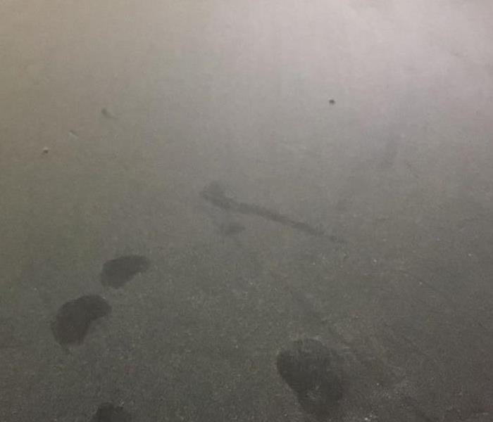Table with Fire Extinguisher dust covering it.  Some fingerprints in dust
